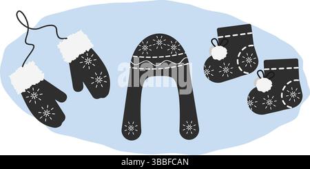 Fourrure moufles sur corde Earlap chapeau chaussons confortables Accessoires d'hiver avec flocons de neige et ensemble de décoration de couture. Illustration vectorielle isolée cartes thématiques de voeux, affiches ou bannière promotionnelle Web, dépliants, étiquettes Illustration de Vecteur