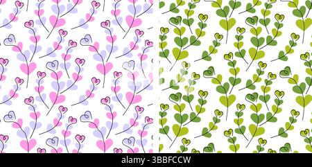 Couleur brindilles en forme de coeur sans couture motif design minimaliste nuances de confettis à la mode et vert mono. Set isolé illustration vectorielle emballage, papier peint ou bannière promo Web, cartes thématiques, dépliants Illustration de Vecteur