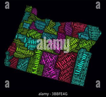 Nuages de mots des régions de l'Oregon. Design de style typographique lumineux sur un fond sombre. La région de l'Oregon nomme les nuages de balises dans une forme de limite. Illustration de Vecteur