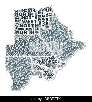 Nuage de texte de forme Botswana. Frontière de pays avec ombre sur fond blanc. Botswana avec division des régions dans le style vintage gazette. Illustration de Vecteur