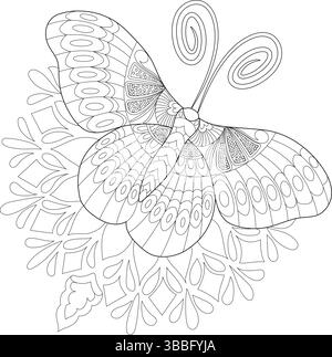 Illustration détaillée d'un papillon stylisé avec des ailes et des antennes à motifs, reposant sur un élément décoratif floral ou semblable à un flocon de neige. ID Illustration de Vecteur