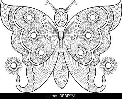 Illustration détaillée d'art au trait noir et blanc d'un papillon avec des motifs floraux et inspirés de zentangle, parfait pour les livres de coloriage pour adultes, relaxatio Illustration de Vecteur