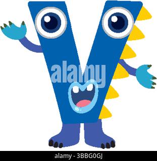 Illustration vectorielle colorée d'une lettre V sur le thème du monstre avec des caractéristiques ludiques et des couleurs vibrantes, parfaites pour les conceptions d'enfants Illustration de Vecteur
