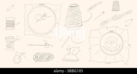 Personnalisez le jeu d'icônes de ligne d'outils et d'accessoires. Équipement rétro dessiné à la main de couturière pour coudre la robe. Couture, travaux d'aiguille, icônes de designer et tailleur Illustration de Vecteur