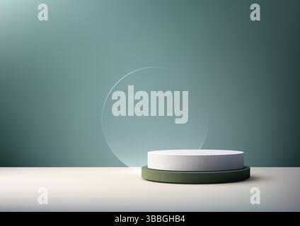 maquette minimaliste d'affichage de produit 3d d'une plate-forme cylindrique blanche sur une base vert olive foncé, placée sur fond dégradé sarcelle avec transpa circulaire Illustration de Vecteur