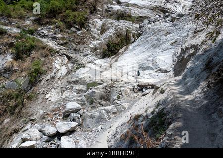 Trekker traversant une section rocheuse avec une passerelle sur le sentier Manaslu circuit, Népal. Terrain exposé et paysage himalayen abrupt Banque D'Images