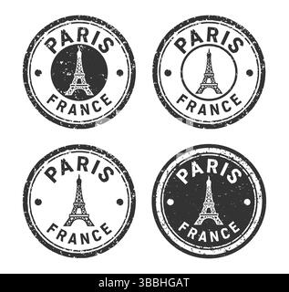 Icône de logo de timbre postal cercle Paris France. Cadre de timbre à encre en caoutchouc grunge. Illustration vectorielle. Isolé sur fond blanc. Illustration de Vecteur