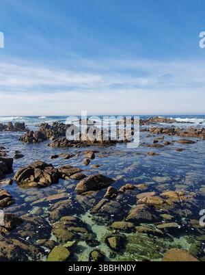 Rivage rocheux sous un ciel dégagé avec des vagues calmes Banque D'Images