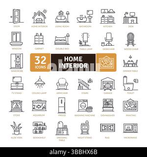 Ensemble d'icônes d'intérieur de la maison : meubles et articles ménagers Illustration de Vecteur