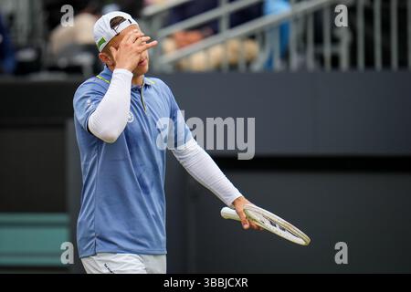 'S-HERTOGENBOSCH, PAYS-BAS - 14 JUIN : Tallon Griekspoor, des pays-Bas, réagit dans son match de quart de finale masculin contre Aleksandar Vukic, d'Australie, le jour 5 des Championnats Libema Open Grass court à l'Autotron le 14 juin 2024 à 's-Hertogenbosch, pays-Bas (photo de Rene Nijhuis/BSR Agency) Banque D'Images
