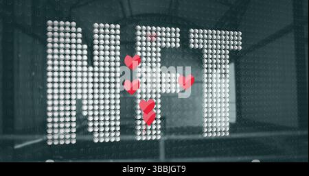 Affichage LED formant des lettres NFT au-dessus de la rampe à la galerie, avec des icônes de coeur rouge flottant Banque D'Images