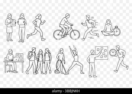 Ensemble vectoriel d'art de ligne de routine quotidienne et de gestion du temps Illustration de Vecteur