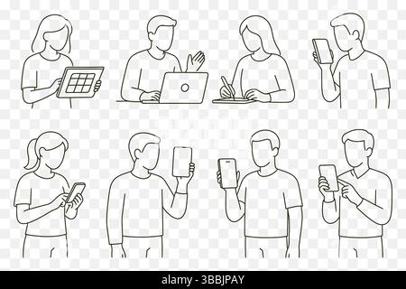 Ensemble minimaliste de dessins au trait de personnes utilisant des smartphones, des tablettes et des ordinateurs portables – vie numérique et interaction mobile Illustration de Vecteur