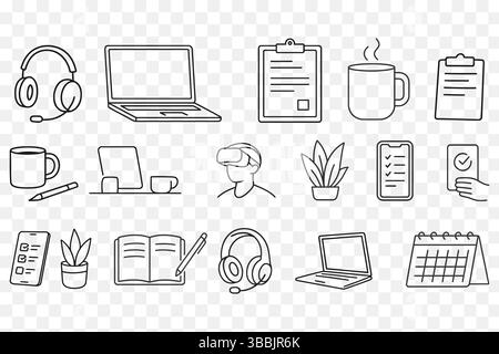 Minimaliste Smart Work Desk Essentials – jeu d'icônes de dessin au trait Illustration de Vecteur