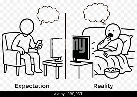 Expectance vs Reality Comic – Art minimaliste de regarder la télévision calmement contre regarder la télé au lit Illustration de Vecteur