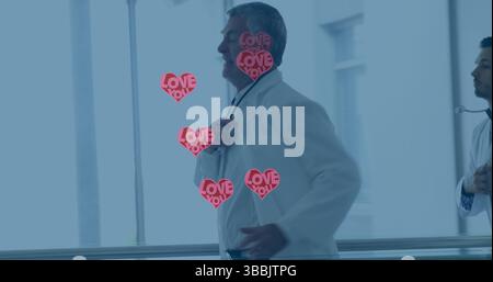 Image de cœurs avec amour sur divers médecins courant sur le couloir Banque D'Images