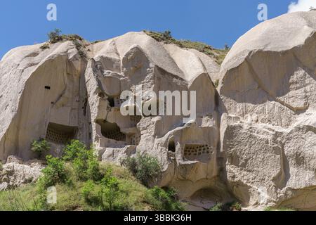 La vallée de Meskendir en Cappadoce présente une paroi rocheuse avec des habitations sculptées et des ouvertures de fenêtres au-dessus de buissons verts denses. Banque D'Images