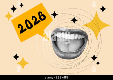 Collage d'une femme bouche ouverte avec un signe 2026 sur fond jaune avec des étoiles et des lignes Banque D'Images
