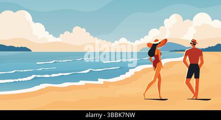 couple sur l'illustration vectorielle plate de plage tropicale d'été avec le sable de l'océan et les nuages. Illustration de Vecteur