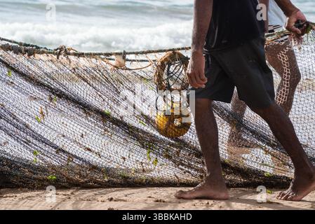 Un demi-corps de pêcheurs non identifiés ramassant le filet de pêche après avoir capturé du poisson. Fruits de mer, pêche comme passe-temps. Brésil Banque D'Images