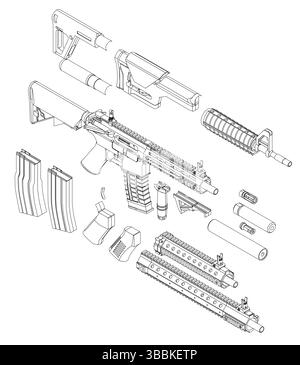 Gros plan d'une arme avec le canon retiré. Le pistolet est un fusil avec un chargeur sur le côté gauche. Vue isométrique. 3D. Illustration de Vecteur