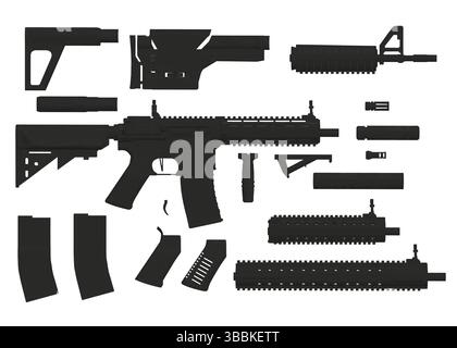 Une collection de pièces d'arme, y compris un fusil et un fusil de chasse. Concept de danger et de violence, comme les différentes armes à feu sont disposées en rangée. Vue latérale Illustration de Vecteur