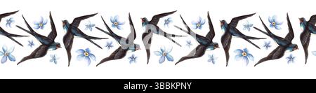 Avale les oiseaux ressort élégante bordure sans couture. Bannière de bordure graphique à l'aquarelle vintage dessinée à la main. Parfait pour le papier d'emballage rétro, saisonnier Banque D'Images