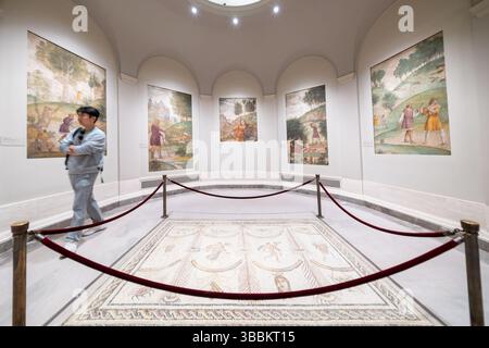 WASHINGTON DC — la National Gallery of Art abrite une importante série de sept fresques de Bernardino Luini (v. 1480-1532) représentant le récit mythologique de Céphalus. Créées vers 1520-1522, ces œuvres de la Renaissance milanaise comprennent « Cephale et Pan au temple de Diane » et forment un cycle mythologique complet explorant l'histoire de Céphale. Les fresques, qui font partie de la collection Samuel H. Kress, sont exposées aux côtés d'une mosaïque romaine antique intitulée « symboles de Bacchus comme Dieu du vin et du théâtre », une œuvre de marbre et de verre du IIIe siècle après J.-C. offerte au peuple américain par Tuni Banque D'Images