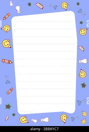 Joli design de papeterie avec un bloc-notes doublé bordé de visages souriants joyeux, crayons, ciseaux et étoiles sur un fond bleu clair parfait Illustration de Vecteur