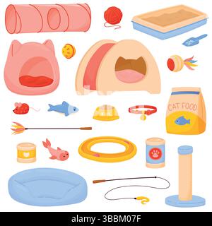 Ensemble d'accessoires pour chats. EQUIPEMENT d'animalerie. Trucs de chaton de dessin animé. Jouets, lits, bac à litière Illustration de Vecteur