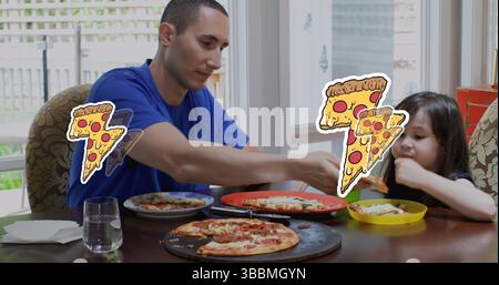 Image d'icônes de pizza sur un père caucasien avec sa fille mangeant de la pizza Banque D'Images