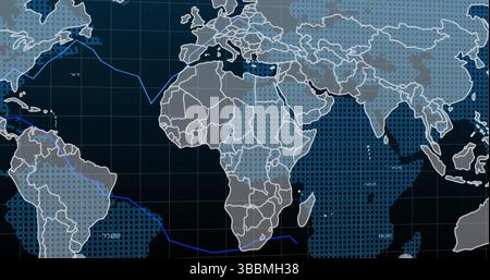 Affichage de la carte du monde numérique avec des lignes de grille sur le moniteur de la salle de contrôle, avec des itinéraires de données bleus Banque D'Images