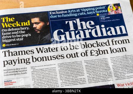 16 mai 2025. Le titre de la première page dans The Guadian indique que Thames Water doit être empêché de payer des bonus sur un prêt de £ 3 milliards. Banque D'Images