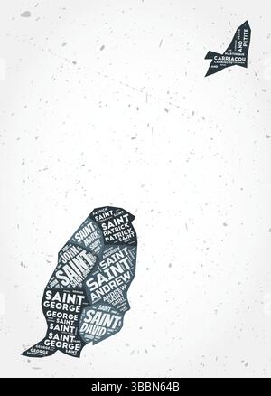 Nuages de mots des régions de Grenade. Forme de pays sur fond texturé. Grenade design dans un style typographique. Illustration vectorielle étonnante. Illustration de Vecteur