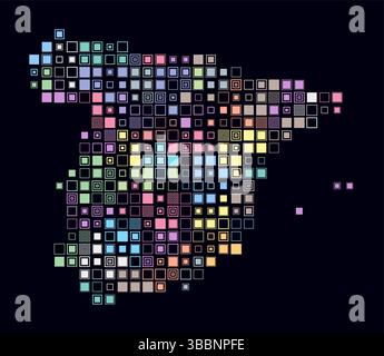 Espagne, forme du pays construit de cellules colorées. Carte de style numérique de l'Espagne sur fond sombre. Blocs carrés de grande taille. Illustration de Vecteur
