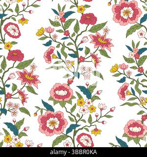 Motif jacobéen sans couture avec des fleurs roses dessinées à la main et des feuilles sur fond blanc. Papier peint floral boho répété avec ornement indien chintz Illustration de Vecteur