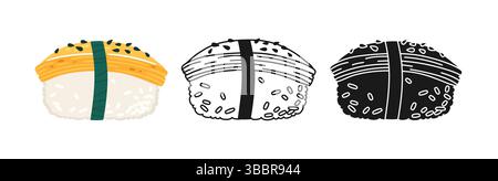 Sushi Nigiri avec ensemble de dessins animés de symbole d'omelette. Icône de doodle linéaire asiatique traditionnel japonais. Illustration vectorielle de fruits de mer de sushi. Signe stylisé de conception de doodle pour le menu oriental, café, bar, restaurant Illustration de Vecteur