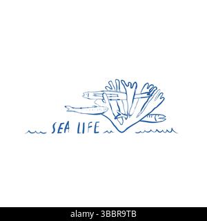 Scène sous-marine avec des algues de corail de poisson et texte de vie marine dessiné dans une ligne dessinée à la main avec une épaisseur variée et sans ombres Illustration de Vecteur