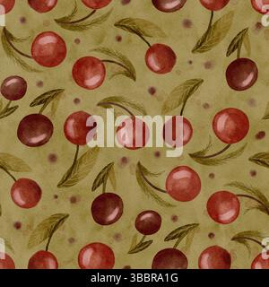 Cette charmante conception de cerise à l'aquarelle est vraiment parfaite pour différents types de textiles et d'artisanat créatif. Motif sans couture dessiné à la main sur fond vert olive. Banque D'Images