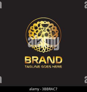 Logo Golden fruit Tree, élégant design de marque alimentaire biologique Illustration de Vecteur
