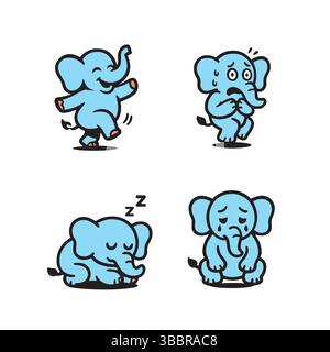 Mignon dessin animé Elephant Emotions Set, heureux, effrayé, endormi, triste Illustration de Vecteur