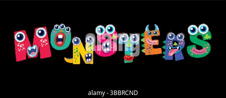 Illustration vectorielle ludique de lettres sur le thème des monstres avec des couleurs vibrantes et des expressions fantaisistes sur un fond sombre Illustration de Vecteur