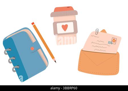 Ensemble d'éléments de journal mignons, café, journal et lettre. Illustration de Vecteur