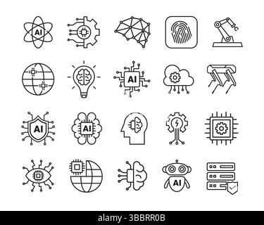 Ensemble d'icônes de technologie d'intelligence artificielle, icônes modernes de technologie ai, main robotique, chien robot spot, puce ai, sécurité, jeu d'icônes de contour de ligne modifiables Illustration de Vecteur