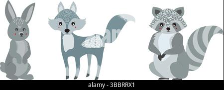 Animaux sauvages vecteurs mignons de renard, de lapin et de raton laveur pour la saison d'hiver. Illustration de Vecteur
