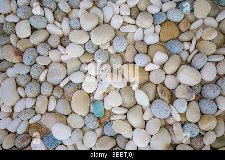 Vue de dessus de galets relaxants artistiques formant un fond naturel doux tons de texture organique. Idéal nature abstraite spa design minimaliste calme Banque D'Images