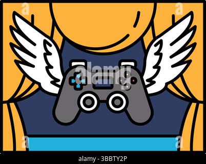 Une femme porte une chemise avec une manette de jeu vidéo dessus. Le contrôleur est entouré d'ailes, donnant l'impression que la femme est un charac Illustration de Vecteur