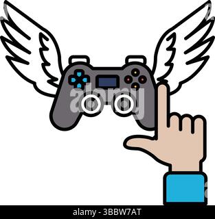 Un contrôleur de jeu vidéo avec des ailes dessus. Une main pointe vers le contrôleur Illustration de Vecteur