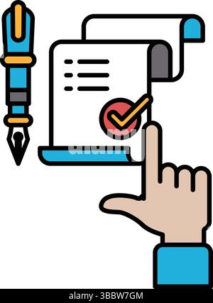 Un stylo et un morceau de papier avec une coche dessus. Le stylo est bleu et le papier blanc Illustration de Vecteur