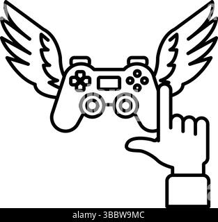 Un contrôleur de jeu vidéo avec des ailes dessus. Le contrôleur pointe vers la droite. Le contrôleur est un symbole de la liberté et de l'excitation de jouer Illustration de Vecteur